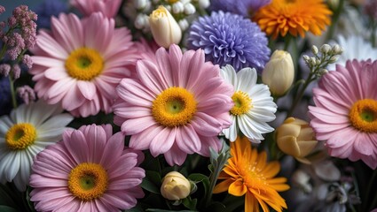 Wall Mural - Vibrant Close-Up of Mixed Fresh Flowers with Copy Space for Text in a Beautiful Floral Arrangement