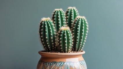 Poster - Green Barrel Cactus Grouping in Decorative Ceramic Pot Against Solid Background with Space for Text or Design Elements