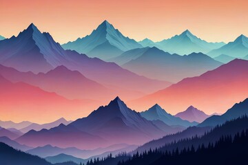 Wall Mural - mountains with a sunset sky and a few trees