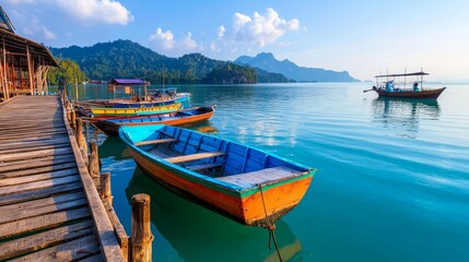 Naklejka na meble Vibrant colorful boats moored at a wooden pier on a calm tropical sea under a sunny sky, with lush green hills in the background. 