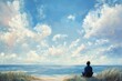 © jambulart - Person contemplates ocean view beneath vast, cloudy sky painting.