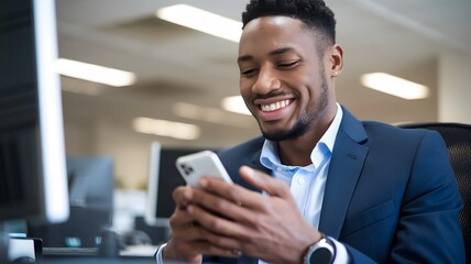happy businessman using smartphone modern office professional success smiling man mobile technology 