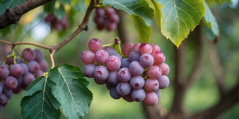 Wall Mural - Wampee fruit cluster hanging from a branch with green leaves and blank space for text, showcasing its vibrant grape-like appearance.