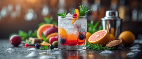 Wall Mural - Refreshing Cocktail Glass with Ice Surrounded by Assorted Fruits and Herbs in a Vibrant Bar Setting