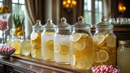 Wall Mural - Elegant Glass Jars of Refreshing Lemonade Displayed on a Beverage Station for a Festive Catering Event or Party Celebration