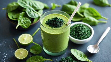 Wall Mural - Healthy Green Detox Smoothie with Spinach and Spirulina for Weight Loss and Nutrient Boost on a Dark Background