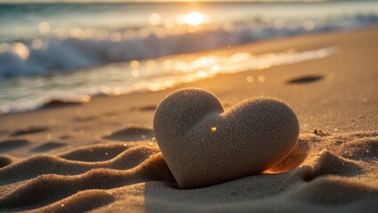 Sticker - Heart Shaped Sand Sculpture on Beach at Sunset with Soft Waves and Warm Light Creating a Romantic Abstract Atmosphere