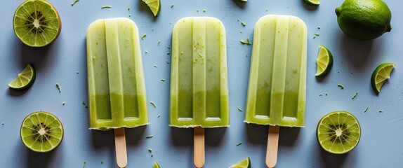 Poster - Refreshing Kiwi Lime Popsicles with Lime Slices on Blue Background Perfect for Summer Treats and Healthy Desserts