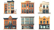 © Nari - Urban retro building cartoon vector set illustration. Old residential and government buildings with shop or cafe on lower floor, isolated on white background