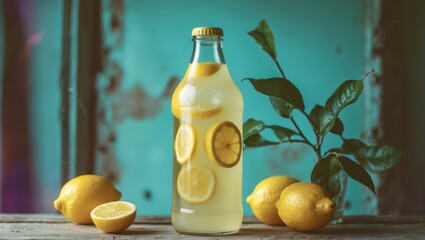 Wall Mural - Lemonade in a glass bottle adorned with lemon slices and fresh lemons on a rustic table highlighting the refreshing citrus beverage.