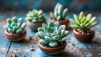 Poster - Miniature Succulent Plants in Decorative Pots on Rustic Background with Soil and Petals