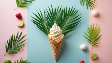 Wall Mural - Tropical Ice Cream Cone with Palm Leaves on Pastel Background Summer Dessert Concept Flat Lay with Fruits and Ice Cream