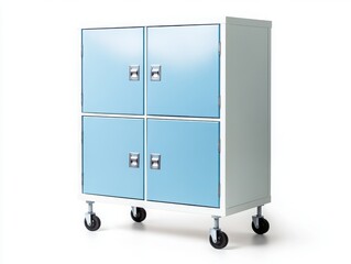 Poster - A high-resolution photo of a white and blue metal storage cabinet with four doors on wheels. 