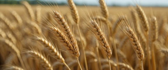 Wall Mural - Golden Wheat Spikelets Growing in Abundant Field Under Clear Sky Agricultural Landscape Nature Photography