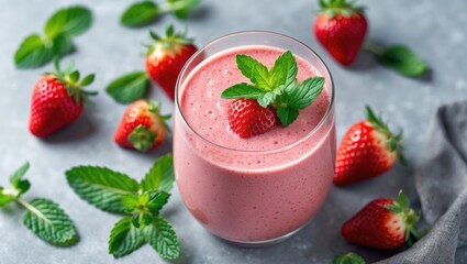 Wall Mural - Strawberry Smoothie With Fresh Mint Leaves Surrounded By Juicy Strawberries And Green Mint Garnish On A Textured Gray Background