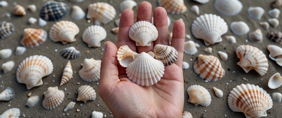 Hand Holding Beautiful Seashells Against a Beach Background Filled with Decorative Shells and Clear Space for Text or Design Elements