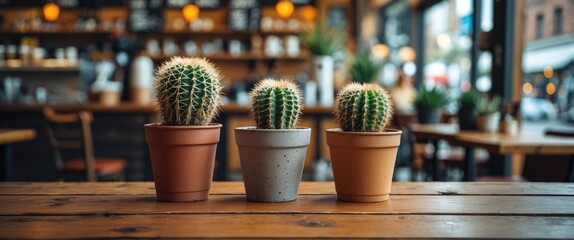 Sticker - Cacti in Pots on a Wooden Table Inside a Cozy Coffee Shop with Warm Atmosphere and Natural Light.