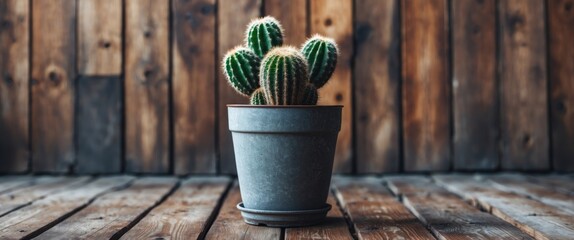 Poster - Potted cactus in a grey planter on rustic wooden floor against a warm wood wall ambiance showcasing natural beauty and minimalism.