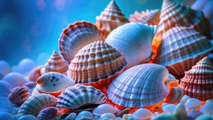 Colorful Seashells Displayed on Sandy Beach with Calm Blue Background for Coastal and Marine Themes