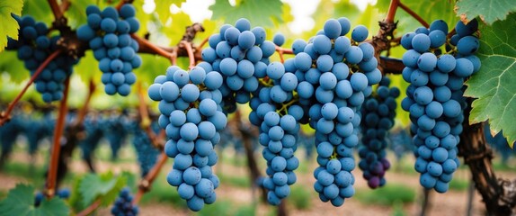 Wall Mural - Vibrant Blue Grapes Hanging in Vineyard Ready for Harvest Surrounded by Lush Green Leaves and Soft Natural Light