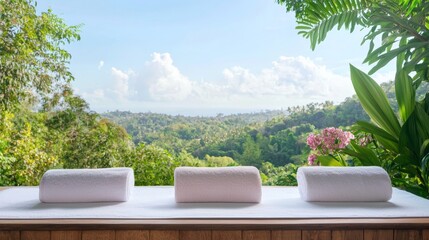 Three rolled up white towels rest on a wooden surface, overlooking a lush green valley under a bright blue sky with fluffy clouds. Tranquil spa setting.