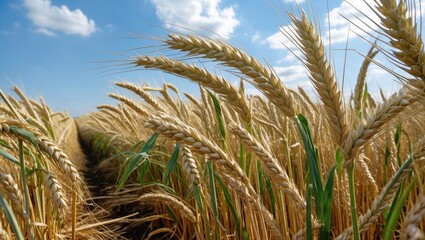 Wall Mural - Ripe Rye Field Under Bright Blue Sky with Space for Text Ideal for Agricultural Themes and Harvest Marketing Material