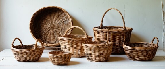 Canvas Print - Collection of Wicker Baskets Arranged Elegantly on White Background with Ample Space for Text and Design Elements