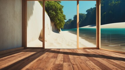 Sticker - Wooden Floor Interior with Sea View Through Glass Walls Natural Light and Scenic Background Ideal for Product Display and Interior Design Concepts