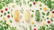 © Tyrah - Three colorful juice bottles surrounded by fresh fruits and vibrant green leaves on a light background