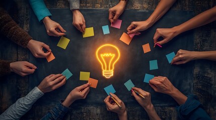 Poster - A top-down view of a creative brainstorming session showcasing collaboration and innovative thinking.