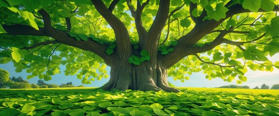 Poster - Majestic Tree with Lush Green Foliage in a Vibrant Nature Setting with Sunlight Filtering Through the Leaves