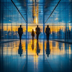 Aufkleber - Spacious futuristic corporate corridor with mirrors, showcasing modern design and aesthetic appeal.