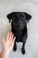 Sticker - A black dog is standing in front of a person's hand. The dog is looking at the person with its eyes