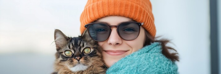 Wall Mural - A woman wearing an orange hat and sunglasses is holding a cat. The cat is curled up in her arms, and the woman is smiling. Concept of warmth and affection between the woman and her pet