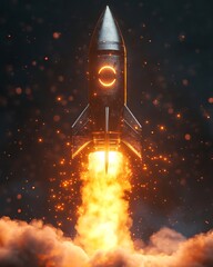 Poster - A vibrant image of a metallic rocket launching with thick smoke, capturing the essence of aerospace dynamics.