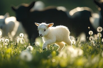 Poster - A cute white baby goat is playing on the green grass, with black and brown goats in the background and yellow dandelions growing around it.