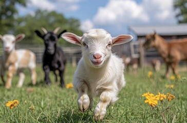 Poster - A cute white baby goat is playing on the green grass, with dandelions and the black silhouettes of other farm animals in the background.