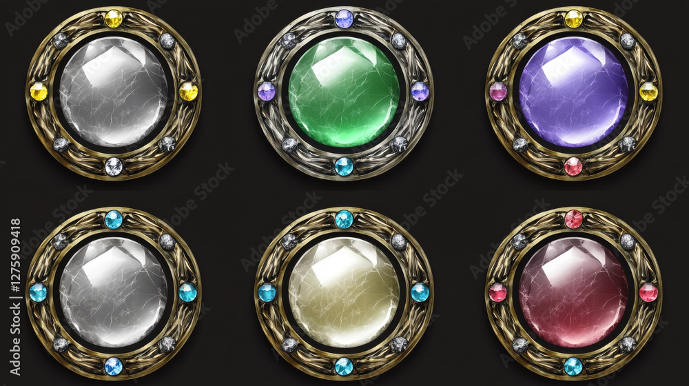 Empty circle silver and gold frames in medieval style for game ui ...