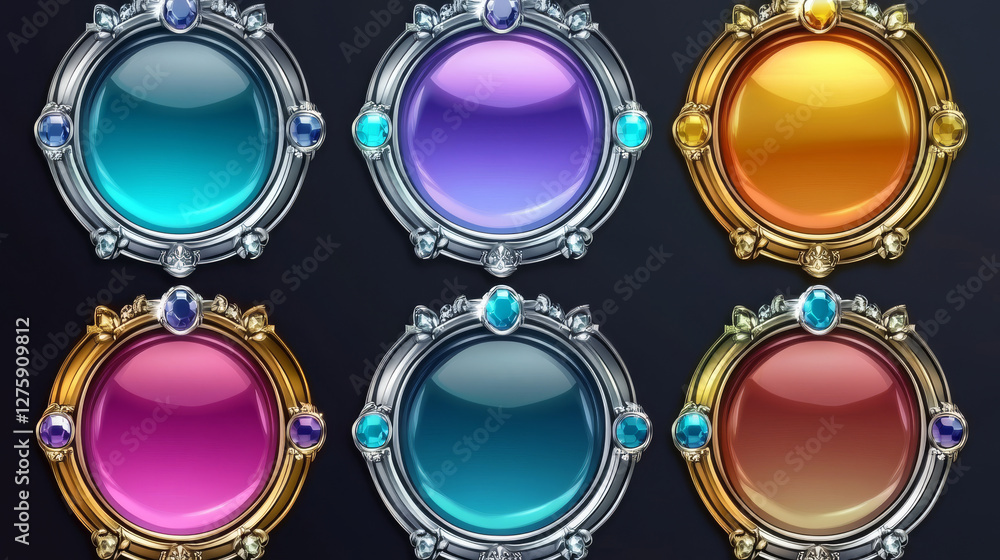 Empty circle silver and gold frames in medieval style for game ui ...