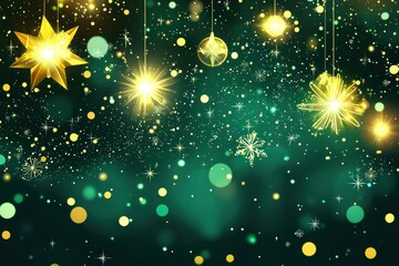 Wall Mural - Festive Green Background with Golden Christmas Ornaments and Stars