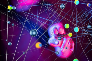 Poster - Global network. Blockchain. 3D illustration. Neural networks and artificial intelligence. Abstract