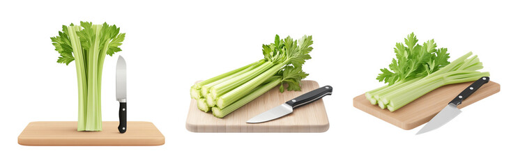 Wall Mural - Fresh Celery Stalks and Knives on Cutting Boards Isolated on transparent background