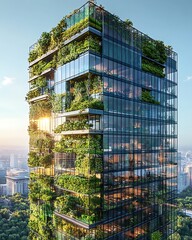 Poster - Futuristic eco-building featuring a glass office tower design in modern architecture.