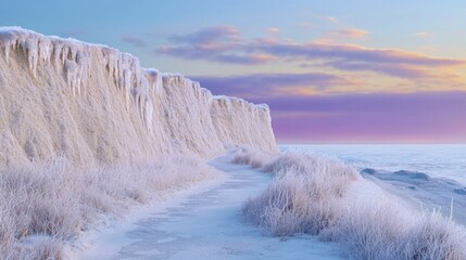 Sticker - Coastal winter scenes showcase dramatic cliffs, icy grasses, and a meandering path that leads to a tranquil cove under evening skies.