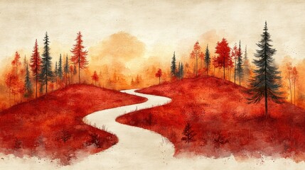 Wall Mural - Autumnal Winding Path Through Red Hills