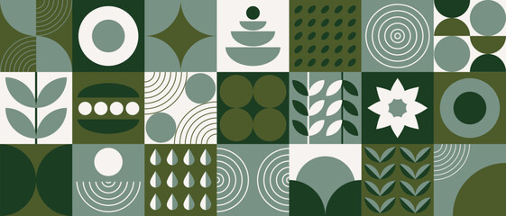 Wall Mural - graphic banner with natural shapes of plants and geometric figures and symbols. retro banner with pe