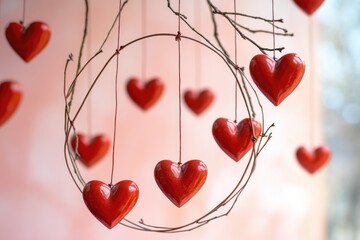 Canvas Print - A bundle of red hearts suspended from a tree branch, perfect for romantic or Valentine's Day-themed projects