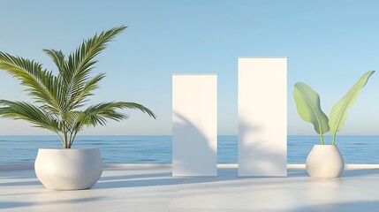 Realistic 3D vector mockups of a banner stand and beach flags. Blank canvas in the shapes of a teardrop, feather, and white rectangle for displaying branding messages and identity in an outdoor sea