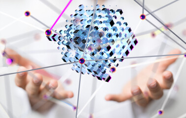 Leinwandbilder - Molecular background with DNA. Network with connecting dots and lines. - 3d