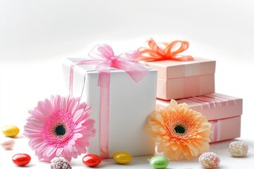 Wall Mural - A small white box with a pink ribbon tied around it, accompanied by a single pink flower